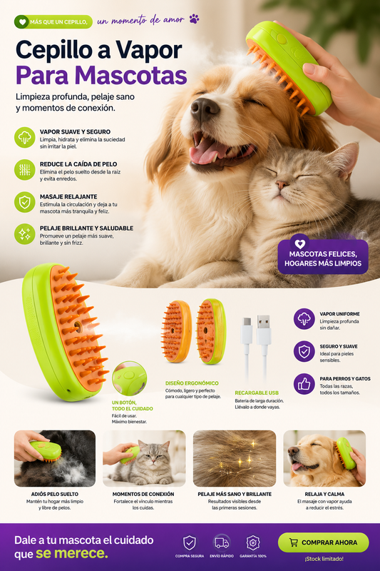 CEPILLO PARA  MASCOTAS A VAPOR 3 EN 1